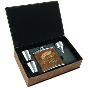 6 Oz. Rustic/Gold Laser Engraved Leatherette Flask Gift Set
