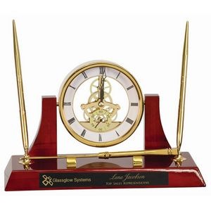 Executive Gold/Rosewood Piano Finish Clock w/Letter Opener & 2 Pens (10 1/2" x 6")