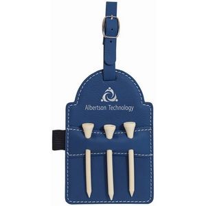 Blue/Silver Laser Engraved Leatherette Golf Bag Tag with 3 Wooden Tees (5" x 3 1/4")