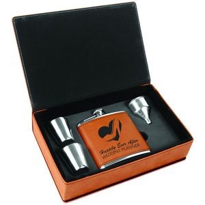 6 Oz. Rawhide Laser Engraved Leatherette Flask Gift Set