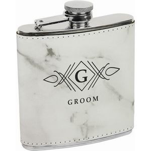 6 Oz. White Marble Laser Engraved Leatherette Stainless Steel Flask