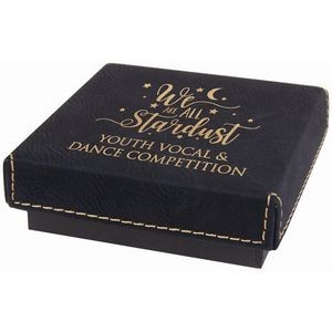 Black/Gold Medal Box with Laser Engraved Leatherette Lid (3 1/2" x 3 1/2")