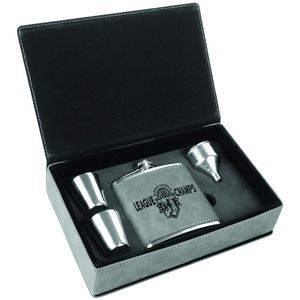 6 Oz. Gray Laser Engraved Leatherette Flask Gift Set