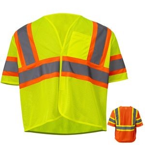 3.8oz. Polyester Class 3 Two Tone Reflective Safety Hook & Loop Vest With Pocket