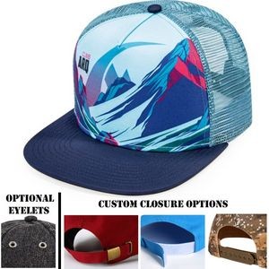 Flat bill trucker mesh cap w/ sublimated crown