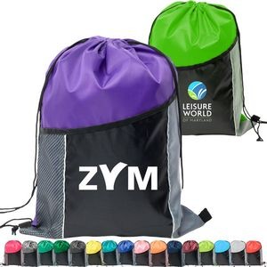 Premium Tri Color Drawstring Backpack w/ Side Mesh Pocket Bag (14" x 18")
