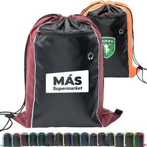 Tri-Color Drawstring Backpack with Earphone Slot & Front Zipper (14" x 18")