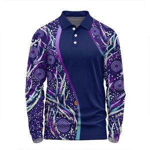 100% Cotton Full Color Fluorescent Digital Print Men's Long Sleeve Polo Shirt - 5.3 oz