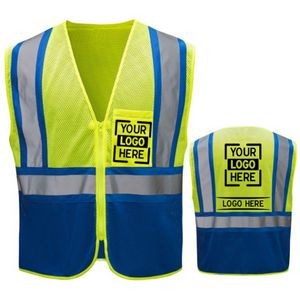 Hi Vis Reflective Class 2 Mesh Blue Bottom Safety Vest With Pockets