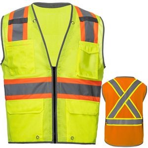 3.8 Oz. Polyester Class 2 Reflective Piping Cross Back Safety Vest With Dual Mic Tab & 4 Pockets