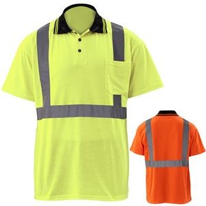 Hi Viz Class 2 Cotton Knitted Reflective Tape Polo Shirt With Pocket