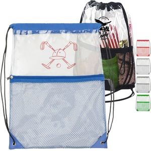 Clear PVC Drawstring Cinch Sack Backpack With Front Zipper Mesh Pocket