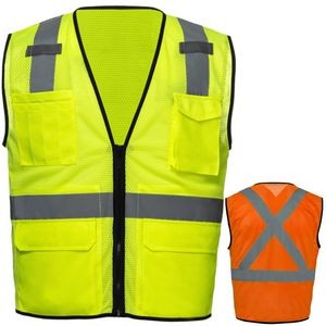 3.8 Oz. Polyester Class 2 Reflective Tape Cross Back Safety Vest With Dual Mic Tab & 4 Pockets