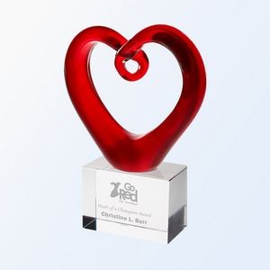 Red Heart Glass Award with Clear Rectangular Base