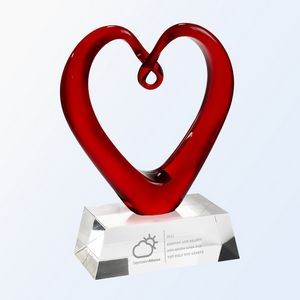 Red Heart Glass Award with Clear Rectangular Base