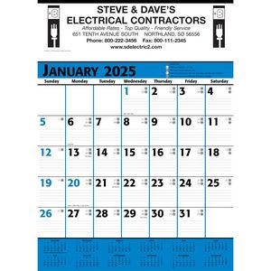 Commercial Planner Wall Calendar: Blue & Black 2025, 1 Color Imprint