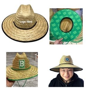 Various Patch & Under Brim Straw Lifeguard Hat W/Chin Cord & Lock