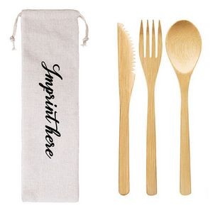 Reusable 3 Piece Bamboo Utensils Set In Canvas Travel Pouch