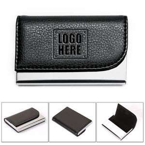 Luxury Stainless Steel Business Card Holder w/ Stitched Textured Faux Leather Cover