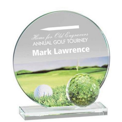 Glass and Crystal Engraved Award with Golf Ball and Color Graphic - 4" Tall
