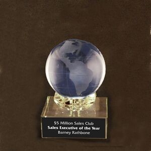 Solid Crystal Engraved Award - 4" - Globe with Diamond Base