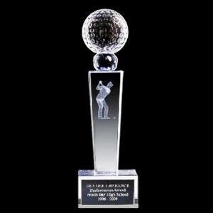 Crystal Engraved Award with 3D Golfer - 10" large - Tower with Golf Ball