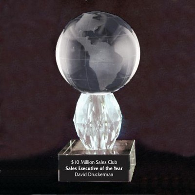 Solid Crystal Engraved Award - 5.5" - Globe with Diamond Base