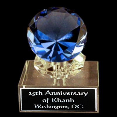 Solid Crystal Engraved Paperweight - Blue Diamond - 4" Small