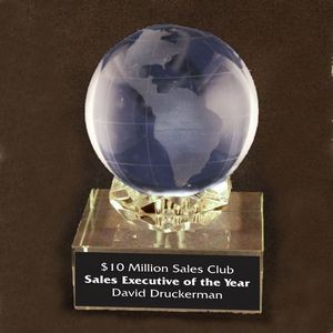 Solid Crystal Engraved Paperweight - 4" - Globe with Diamond Base