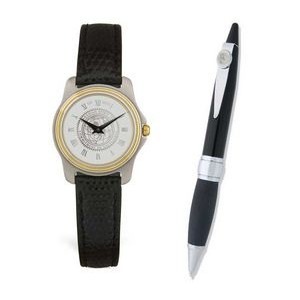 Ladies' Watch w/Black Leather Strap and Pen