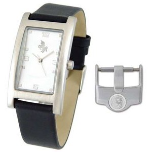 Ladies Silver Rectangular Wristwatch w/ Black Leather Strap