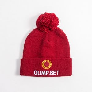 Embroidered Knit Beanie With Colorful Pome