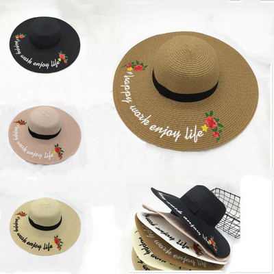Embroidery Straw Hat w/Wide Brim