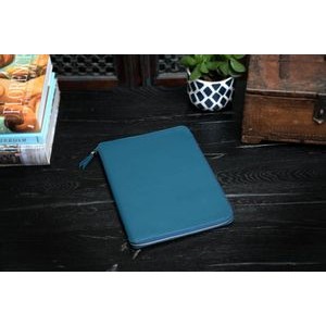 Smooth Calf Leather Large-Size Zippered Padfolio - Ocean Blue