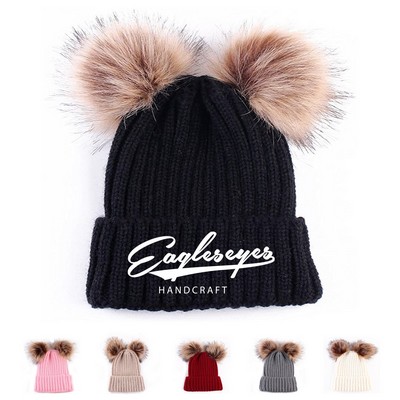Double Pom Pom Cable Knit Beanie