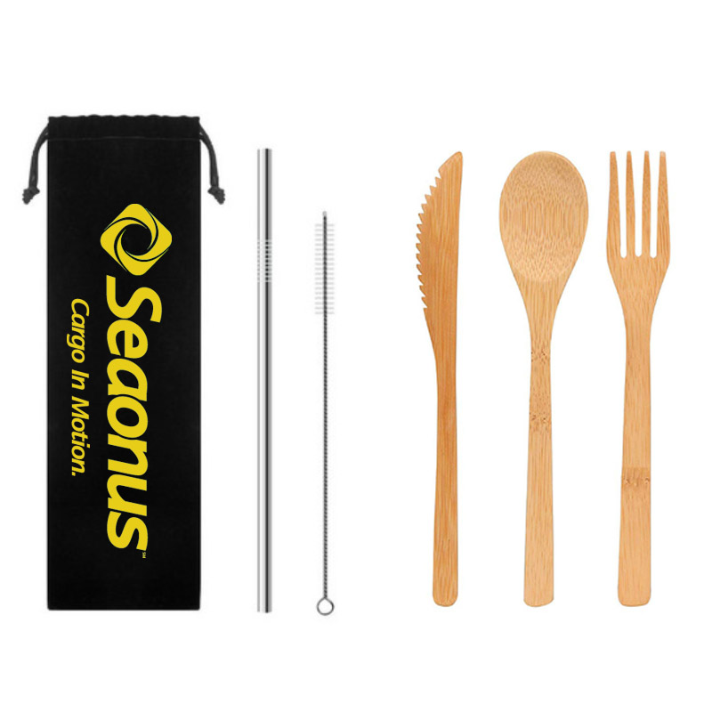 Stainless Steel Straw and Bamboo Utensil Set - Forks, Spoons