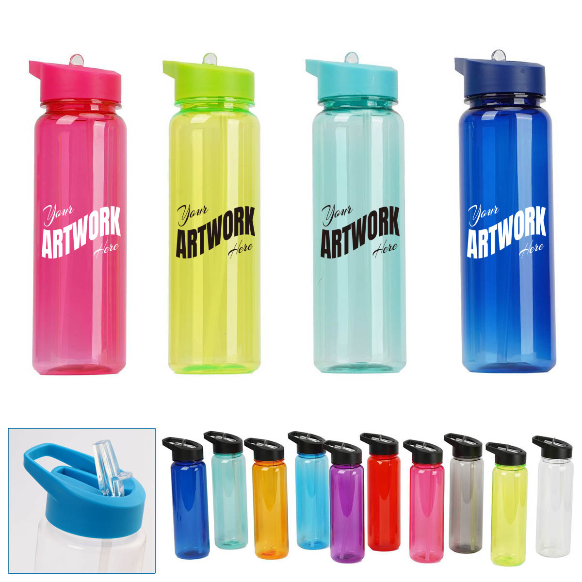 Clear Transparent 24 OZ Slim Fit Sports Plastic Water Bottle With Flip Straw Lid - Bottles