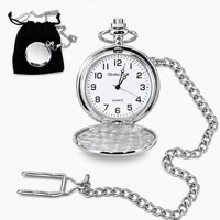 Clip-On Metal Pocket Watch with Chain in Black Faux Suede Pouch (Silver) - Watches