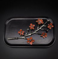 Wood Tray with Metal Sculpted Cherry Blossom Branch - Decorations, Trays