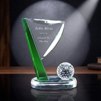 7 1/4"H Henderson Clear Flag w/Green Flagpole & Golf Ball Crystal Award on Oval Base - Crystal, Trophies