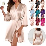 Luxurious Satin Robe with Pockets - Short Ruffled Hem Kimono Wrap