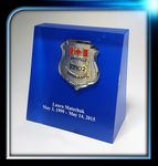 Custom Lucite Wedge w/Blue Backing (4"x4 1/2"x1 1/2" to 7/8")