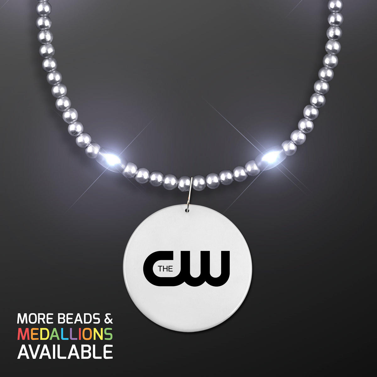Light Up Silver Mardi Gras Beads with Medallion - PRINTED - Necklaces, Beads