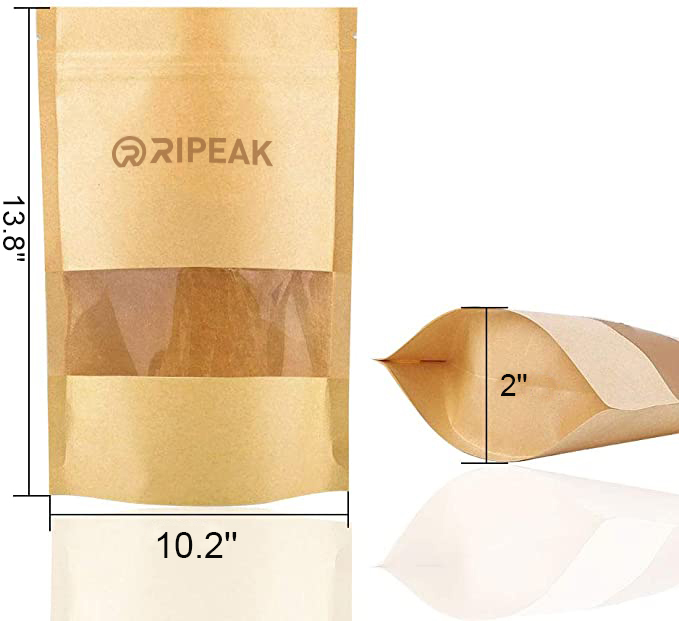 10.2 x 13.8" Kraft Bag with Window Stand Up Ziplock Seal Paper Bag Resealable Food Storage Pouch - Pouches, Bags