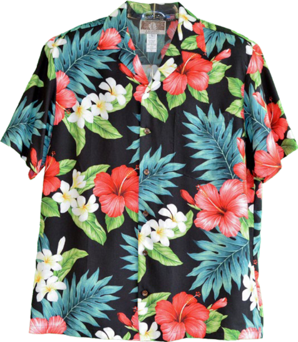 Soft & Supple Silky Rayon Black/Green/Blue Tropical Print Hawaiian Shirt w/Genuine Coconut Buttons - Shirts