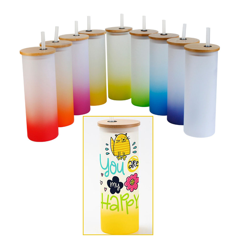 Full Color Imprint Gradient Frosted Glass Tumbler 16 OZ With Straw & Bamboo Lid - Tumblers