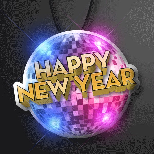 "Happy New Year" Disco Ball Blinkies on Black String Lanyard - BLANK - Pins