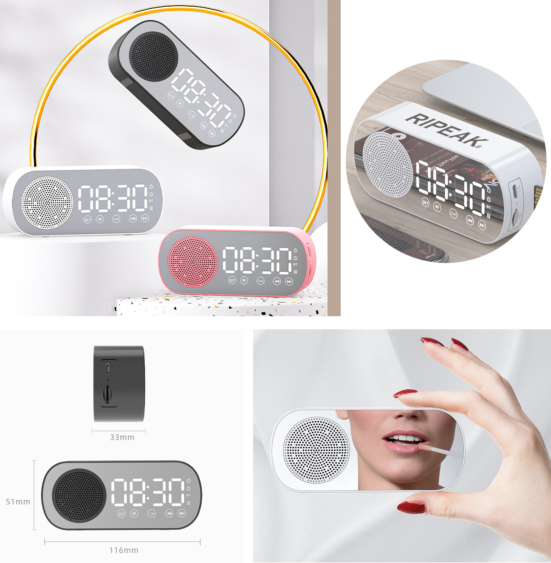 2000 mAh Digital LED Mirror Radio Alarm Clock Wireless Speaker - Speakers, Phone Accessories