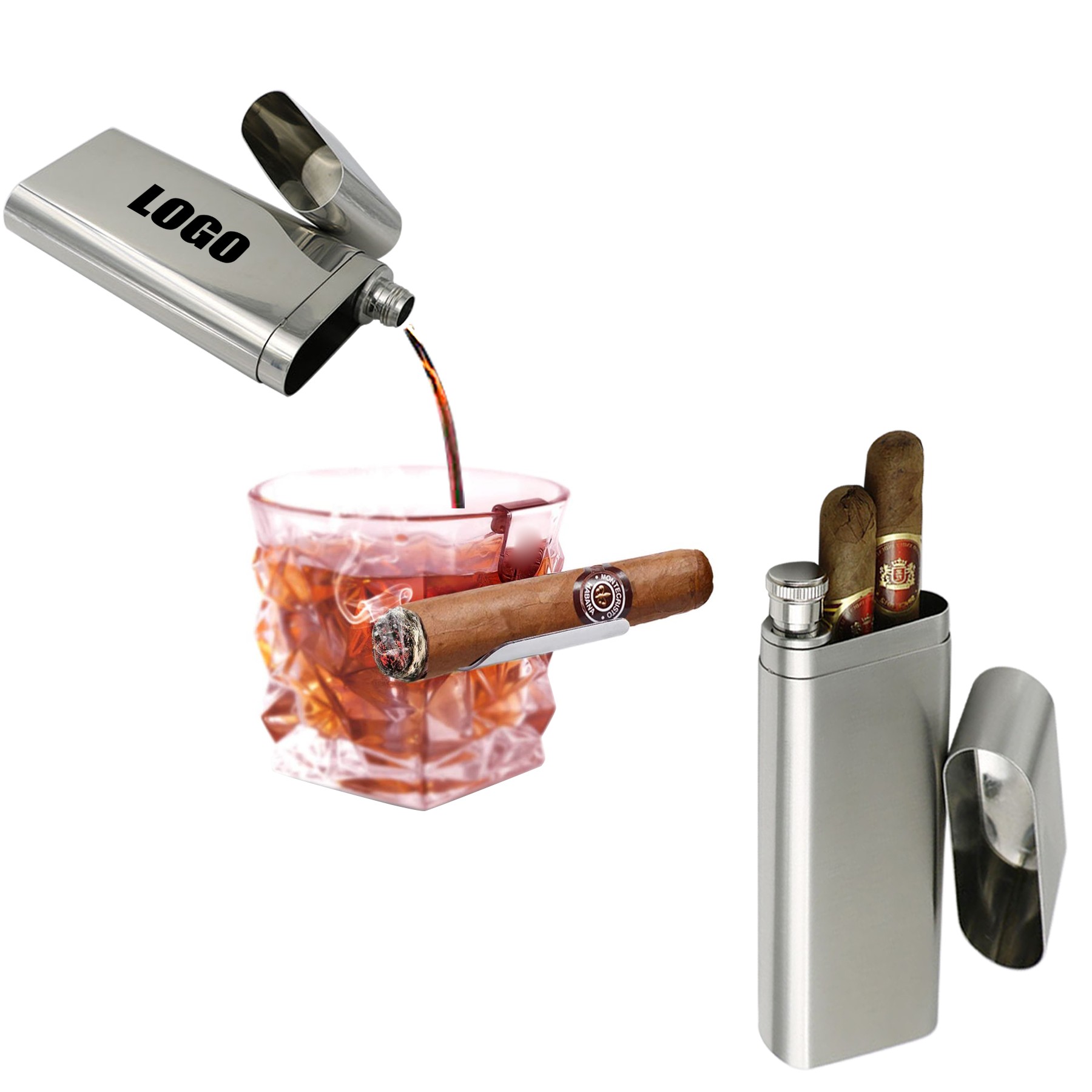Double Cigar Case With 2 Oz. Flask - Flasks, Cases