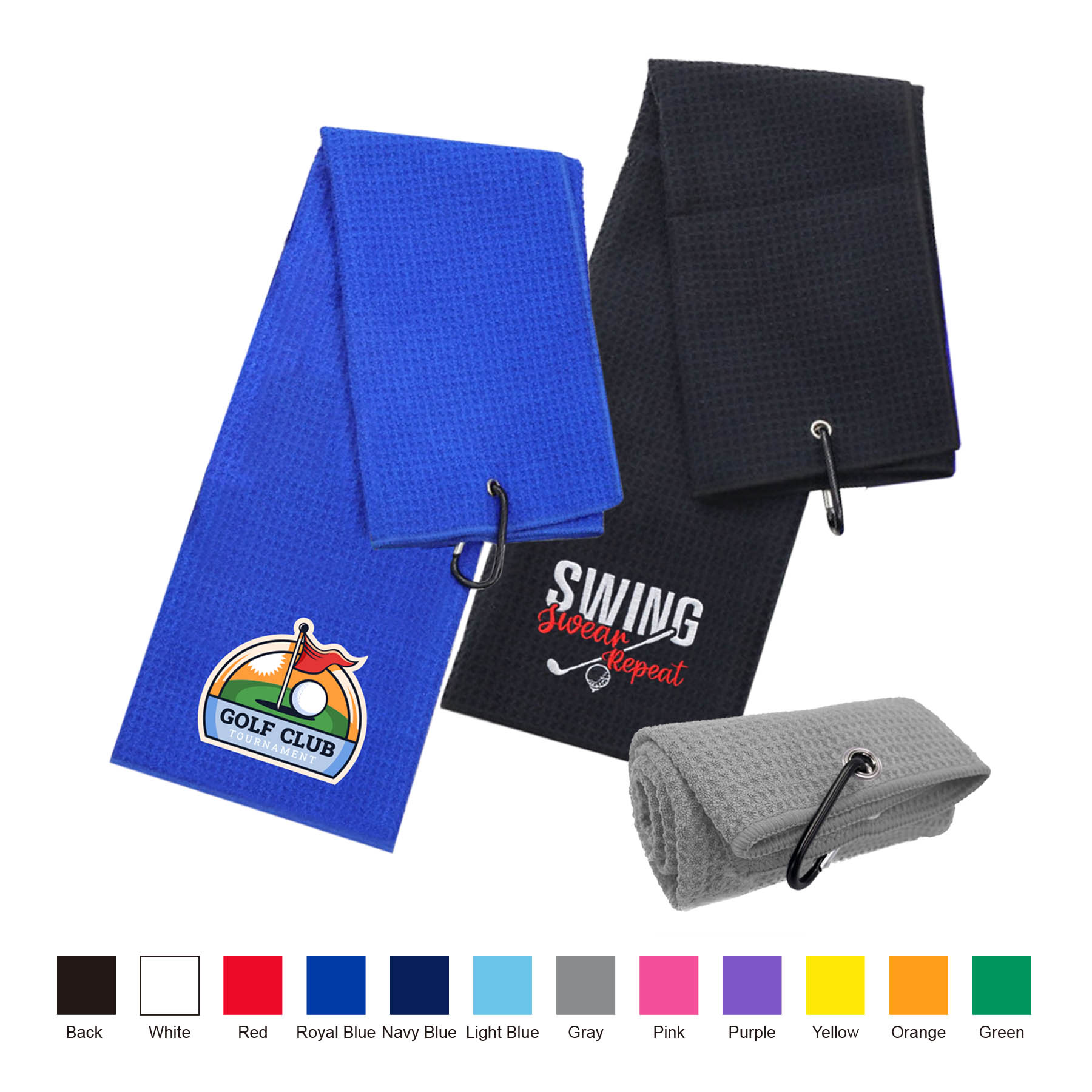 Microfiber Waffle Two-Fold Golf Towel w/ Carabiners Clip (16" x 24") - Towels, Carabiners